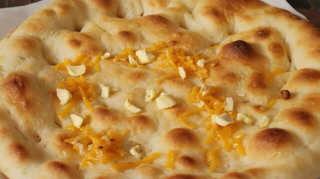 L&aacute;ngos, Deep-fried flatbread, Close-up of l&aacute;ngos with cheese and garlic, Warm golden hues, Bright sunlight, Crispy and savory
