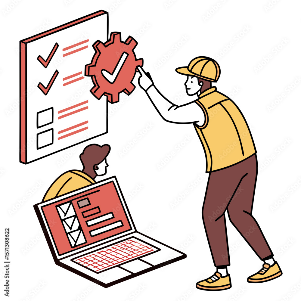 Poster team collaboration on project checklist and workflow optimization