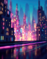 Obraz premium Vibrant futuristic cityscape at night with glowing skyscrapers and neon lights reflecting on wet surfaces, cyberpunk style urban scene