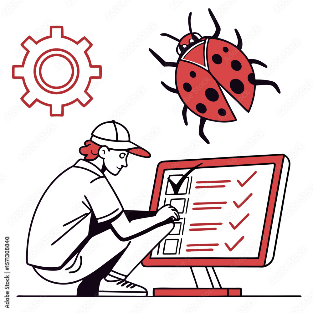 Poster technician reviewing checklist on computer with ladybug illustration