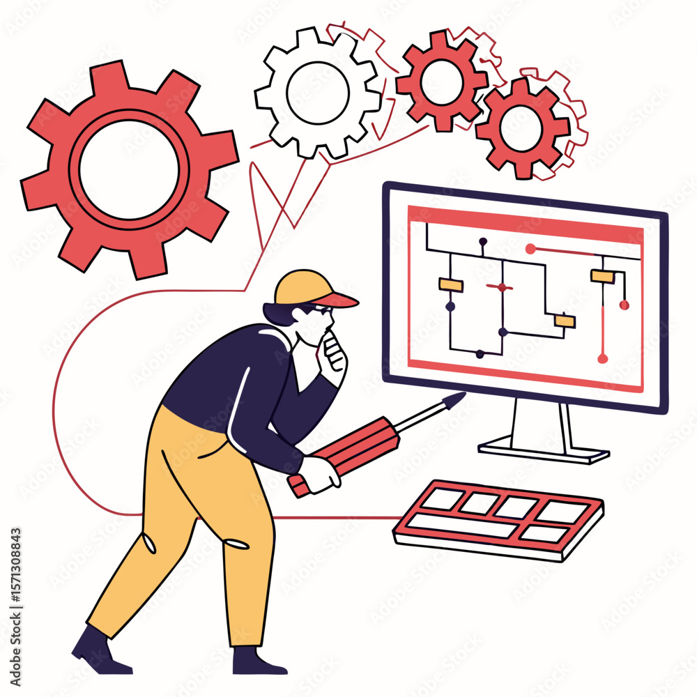 Poster technician troubleshooting computer system with diagram and gears
