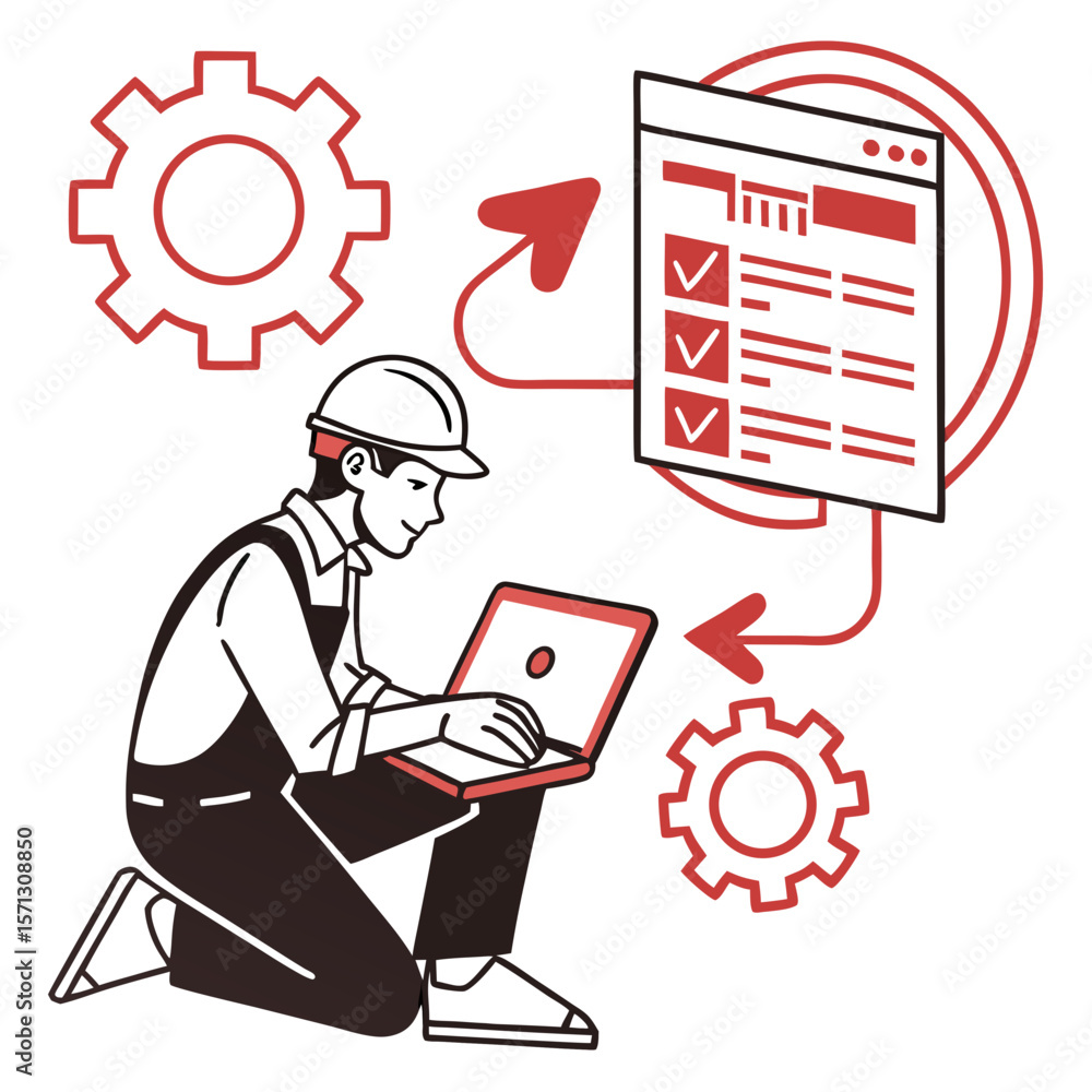 Poster technician using laptop and checklist with gears
