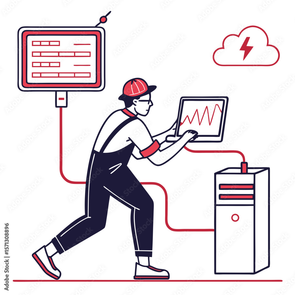 Poster technician working on computer network system