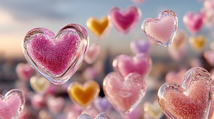Obraz premium Floating Glass Heart Containers with Particle Interior | World Emoji Day Sweet Reflective Symbol