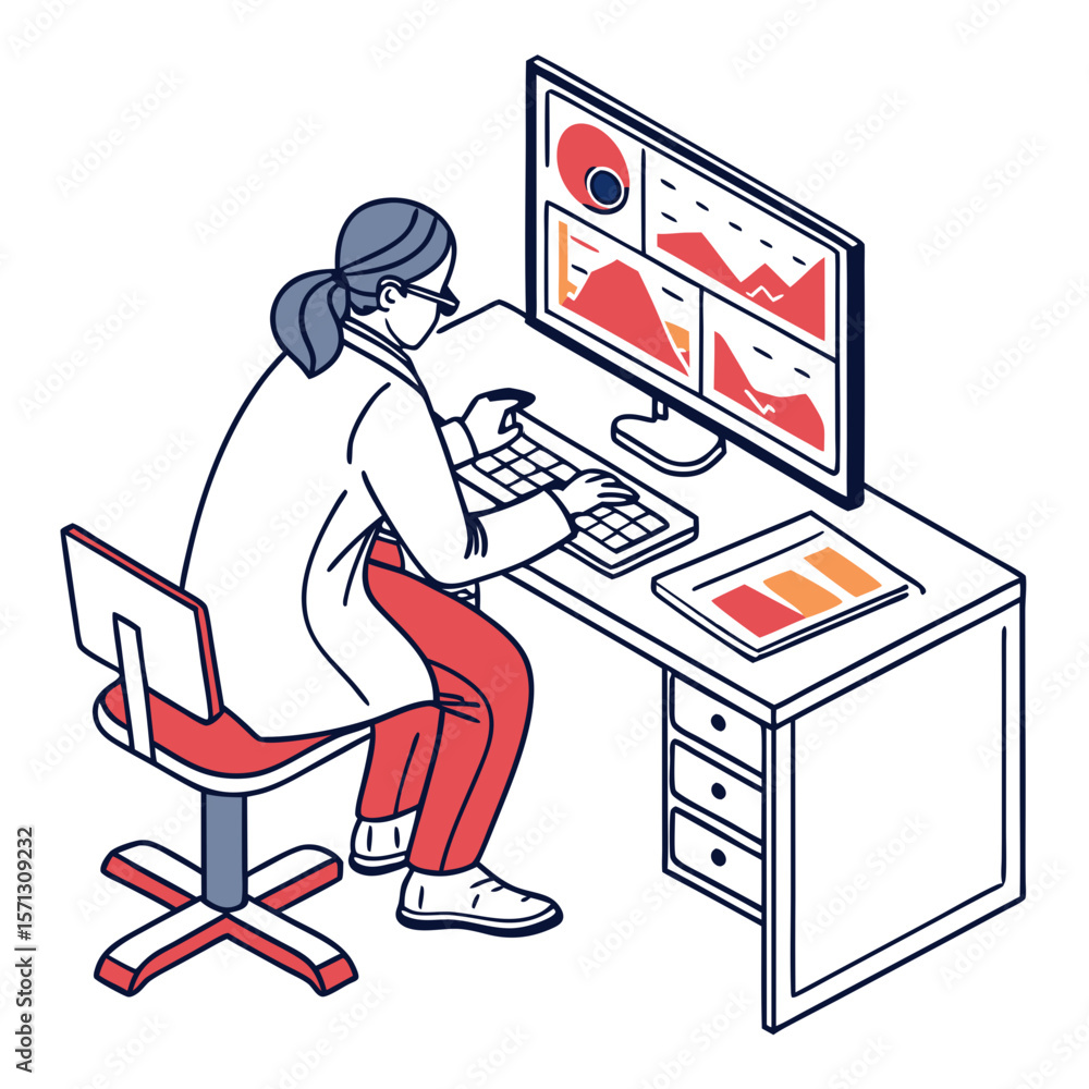 Aufkleber woman data analyst working at desk with charts on computer