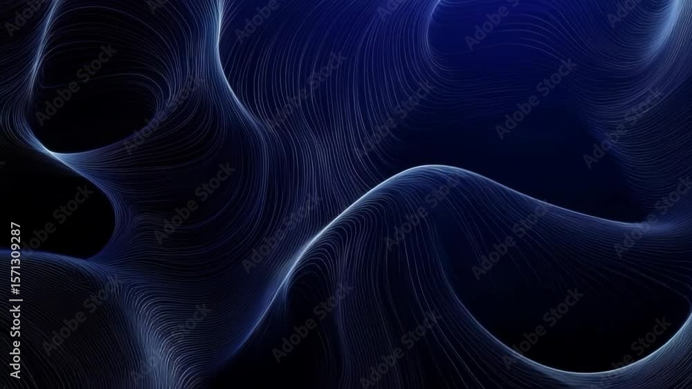 Poster abstract dark blue background with flowing curved lines creating smooth wave shapes and glowing effe