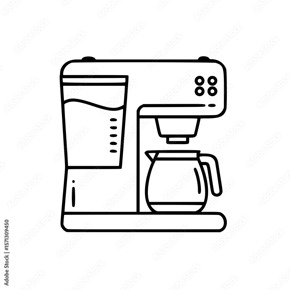 Poster coffee maker with water reservoir and carafe in outline style - concept of simple linear vector icon