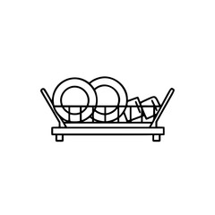 Dish rack with clean dishes arranged neatly in a simple linear vector icon  
