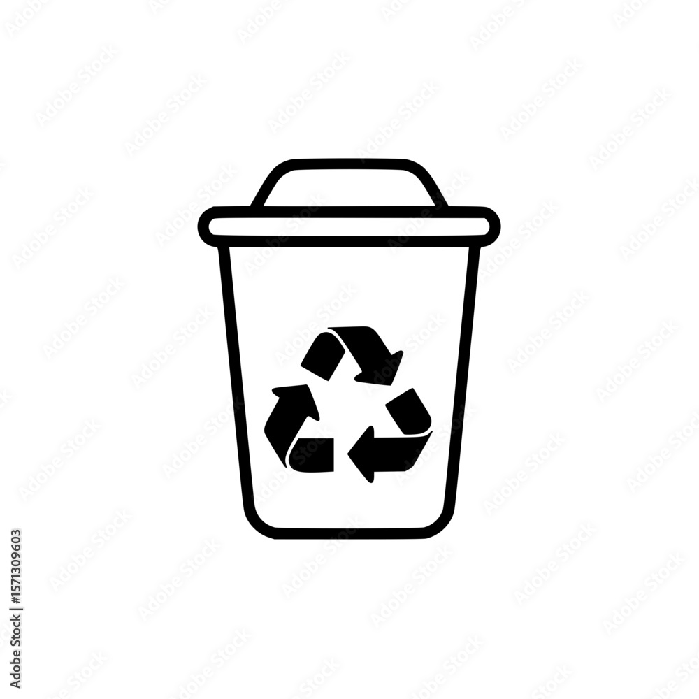 Poster waste bin with recycling symbol in simple linear vector icon style