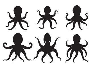 set of silhouettes of octopus