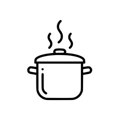Cooking pot with steam rising in simple linear vector icon style  