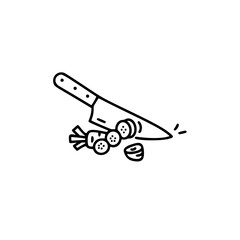 Kitchen knife chopping vegetables in simple linear vector icon  