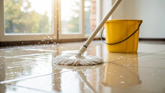 Bright sunlight illuminates a freshly mopped floor, showcasing the wet surface and a mop in action, with a vibrant yellow bucket nearby, depicting efficient cleaning