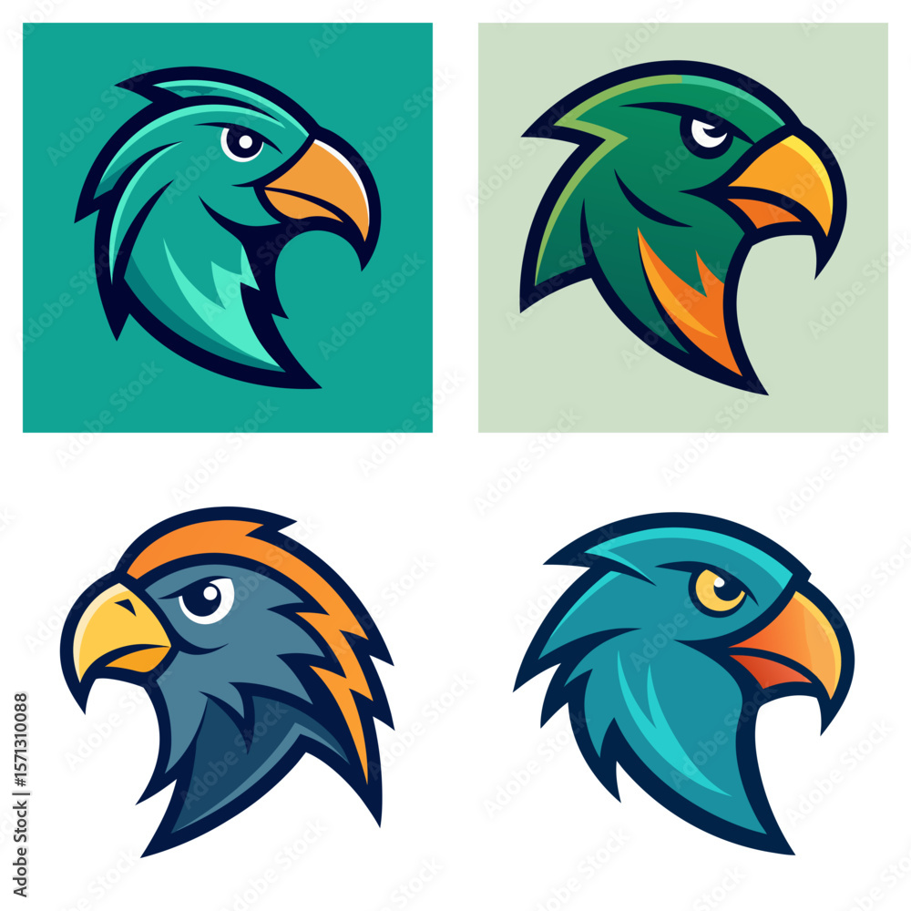 Poster collection of four stylized bird head logos with varying color schemes and background colors