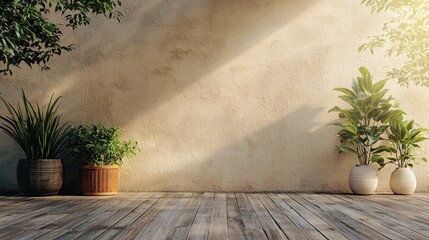 A wooden floor with a beige wall and potted plants in a room with sunlight streaming in.
