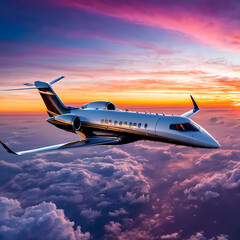 A private jet soars through a breathtaking sunset sky, capturing the essence of luxury travel and unbridled freedom.  