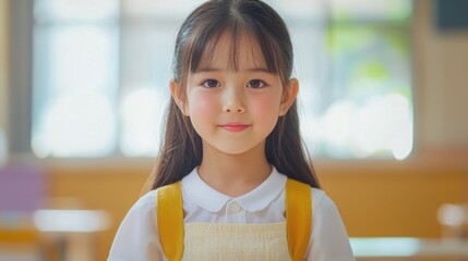 A young girl in a white dress with yellow straps standing in a classroom with a yellow and orange background.
