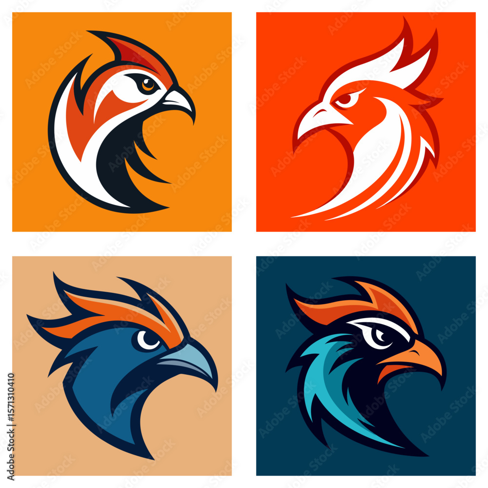 Poster four square images showing stylized bird head logos with different color schemes and background colo