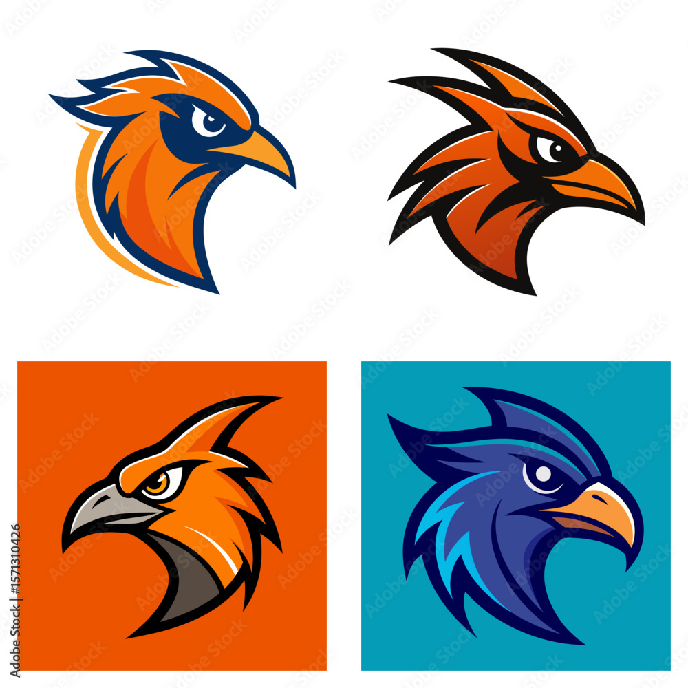 Poster four stylized eagle head illustrations in various color schemes and design variations displayed
