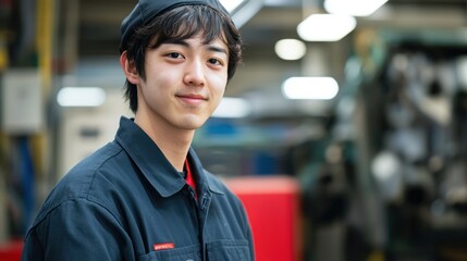 A young man in a black uniform and cap standing in a factory setting. The man appears to be a mechanic or engineer.