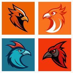 Fototapeta premium Four square images displaying various bird head designs in different colors and styles on backgrounds