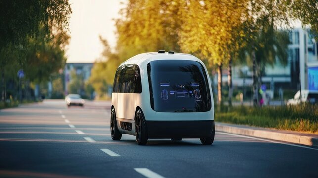A white autonomous vehicle driving on a tree-lined road at sunset.