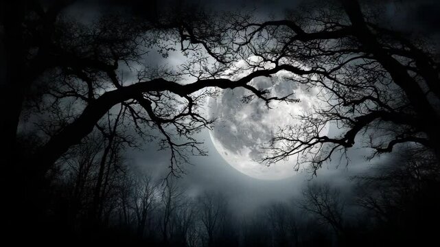 Halloween concept. A bright full moon shines behind leafless tree branches, creating a mysterious and eerie nighttime forest scene.