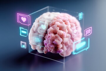 Highly detailed digital image of a realistic human brain with glowing holographic social media icons and interface elements, futuristic concept