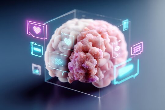 Highly detailed digital image of a realistic human brain with glowing holographic social media icons and interface elements, futuristic concept