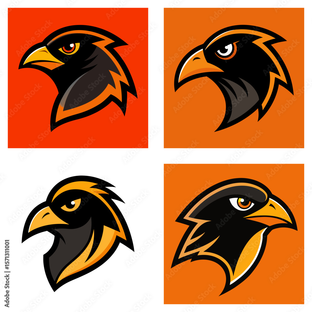 Poster four square images of stylized bird heads in black and orange on different backgrounds displayed nea