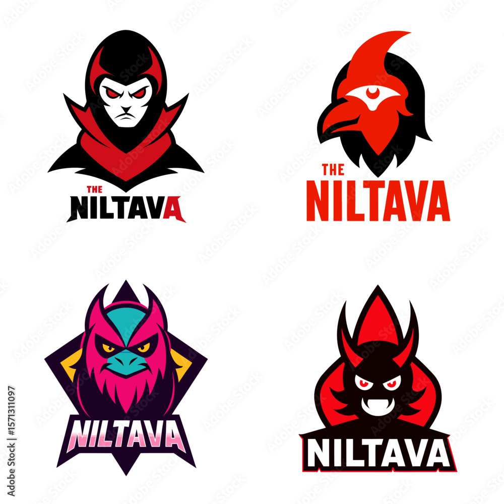 Poster collection of four logos featuring the text the niltava and different mascot style character designs