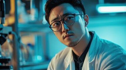 A young man in a lab coat, wearing glasses, sitting in a laboratory with a microscope in the background.
