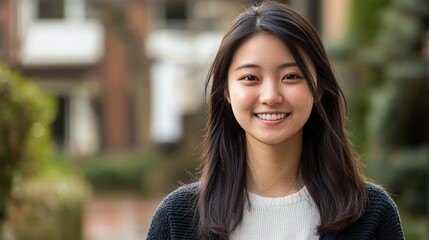 A young woman with long dark hair smiling outdoors.