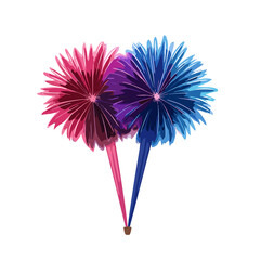 Colorful fireworks illustration in pink and blue on a white background with copy space