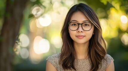 A young woman with long, wavy brown hair wearing glasses, standing outdoors with a blurred green background.