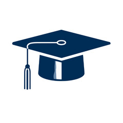 Navy blue graduation cap illustration on a white background with copy space