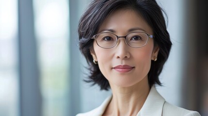 A middle-aged Asian woman with short black hair, wearing glasses, a white blazer, and earrings, standing in a modern office with large windows and a neutral-colored background.