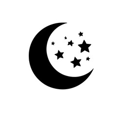 Stylized black crescent moon and stars illustration on a white background with copy space