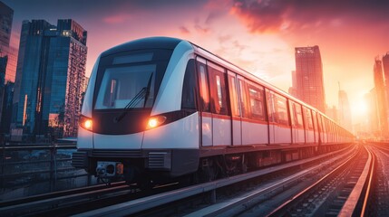 Naklejka premium A modern train navigates through a vibrant urban landscape at sunset.