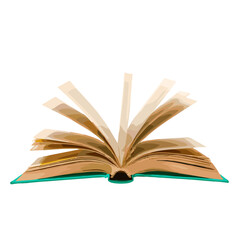 Open book with fanned-out pages on a white background and copy space