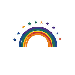 Colorful rainbow with stars illustration on a white background and copy space
