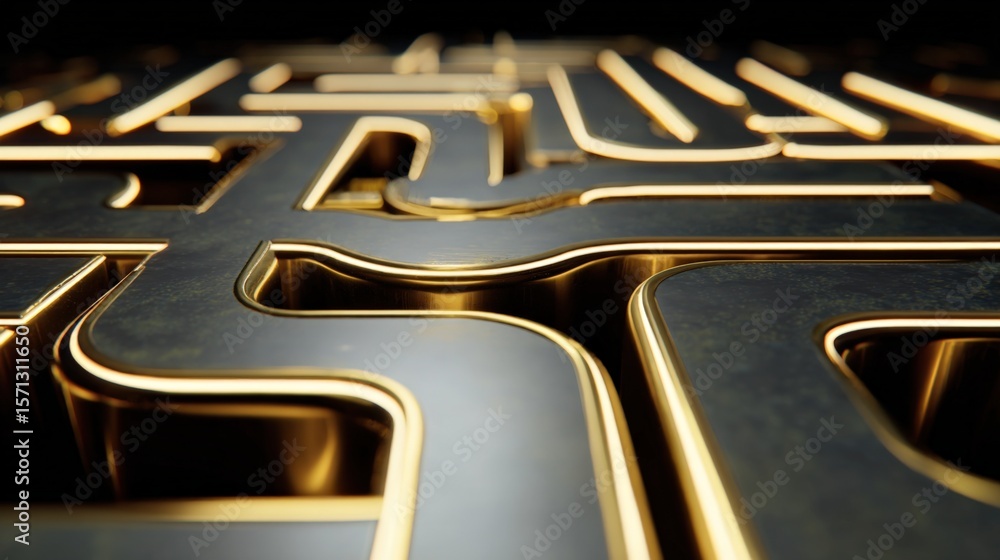 Poster Intricate and luminous glowing maze with metallic gold and dark black pathways creating a complex labyrinth design for visual art and signage