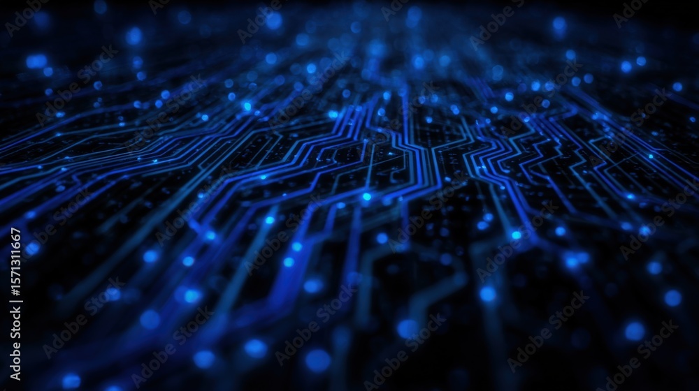 Poster Futuristic digital circuit board with glowing blue connections and intricate technology pattern on dark background for electronics and computing themes