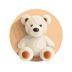 Cute plush teddy bear sitting on a peach circular background with copy space