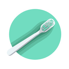 Modern white toothbrush on a mint green circular background with copy space