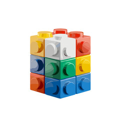 Colorful toy building blocks arranged in a cube shape on a white background with copy space