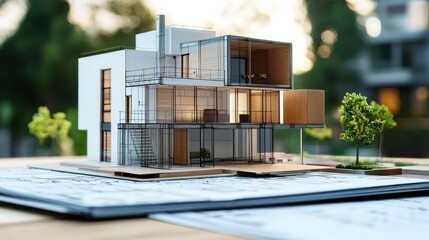 A modern house model on a table with a blurred background of a residential area.