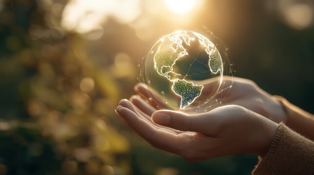A person holding a glowing globe symbolizing environmental awareness and care.