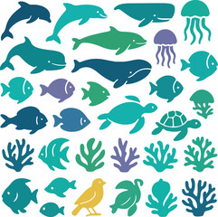 Fototapeta premium Colourful Sea Life and Ocean Animal Silhouette Icons Set — Flat Marine Vector Collection