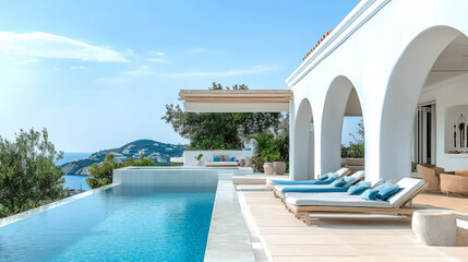 Obraz premium Terrace in villa with sunbeds and swimming pool with clear blue water